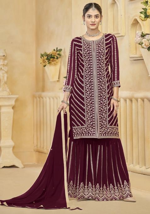 Maroon Embroidery Georgette Kurta Set