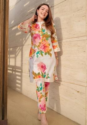 White Printed Cotton Kurta Set