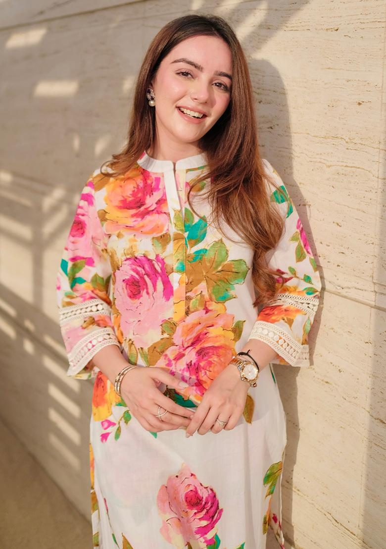 White Printed Cotton Kurta Set - Indya