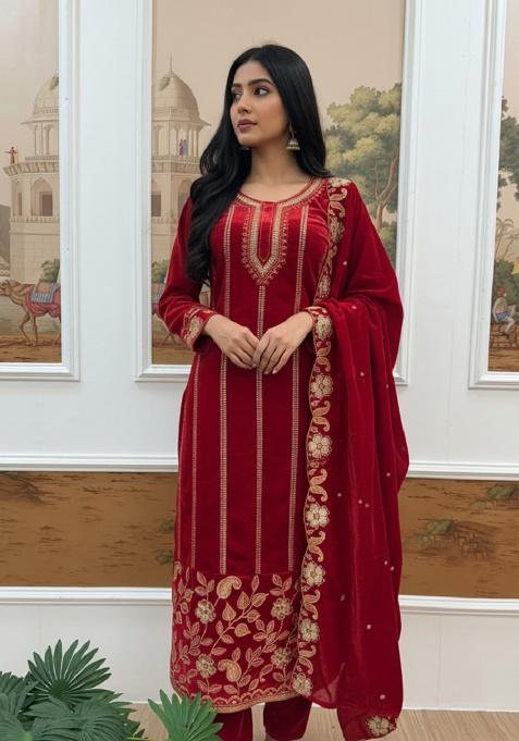 Red Embroidery Velvet Kurta Set