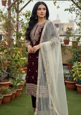 Maroon Embroidery Velvet Kurta Set