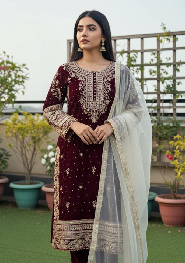 Maroon Embroidery Velvet Kurta Set - Indya