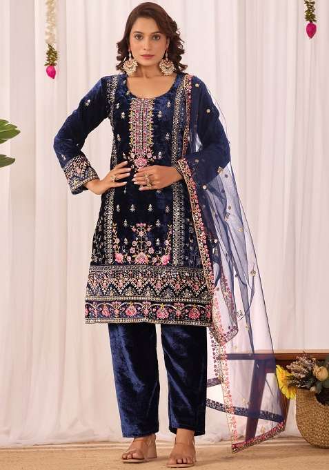 Blue Embroidered Velvet Straight Kurta Set