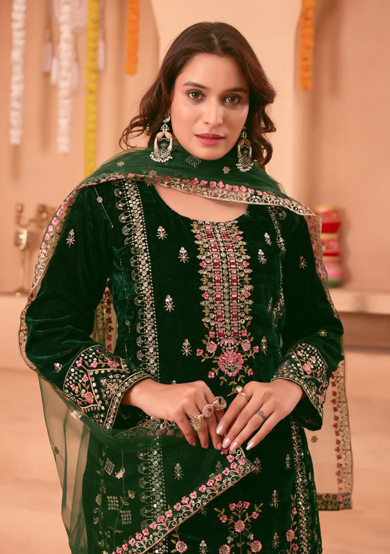 Green Embroidery Velvet Kurta Set - Indya