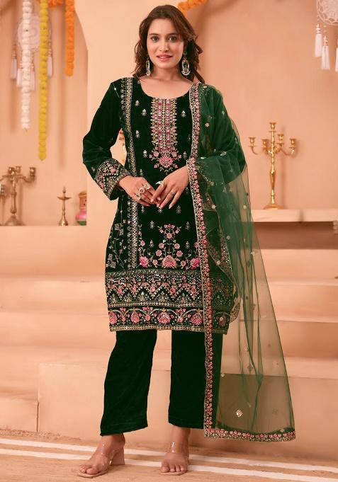Green Embroidery Velvet Kurta Set