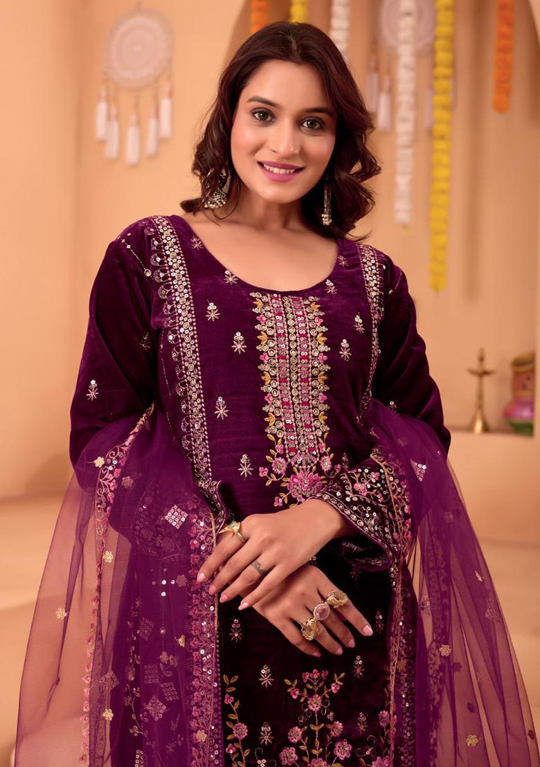 Purple Embroidery Velvet Kurta Set - Indya