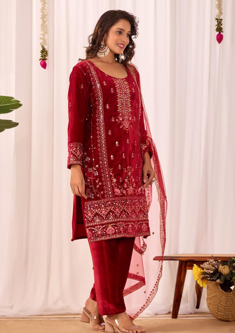 Red Embroidery Velvet Kurta Set - Indya