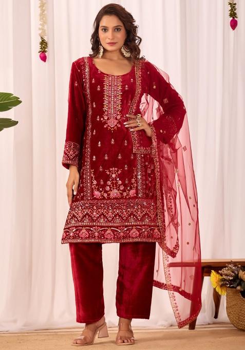 Red Embroidery Velvet Kurta Set