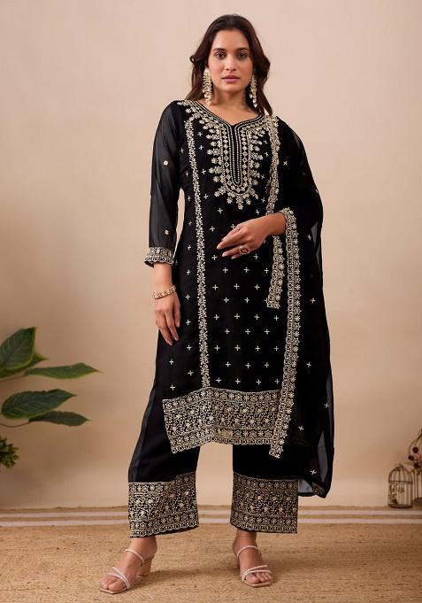 Black Embroidery Velvet Kurta Set