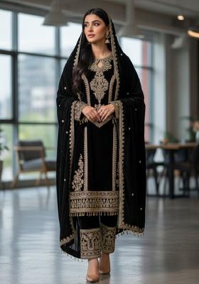 Black Embroidery Velvet Kurta Set