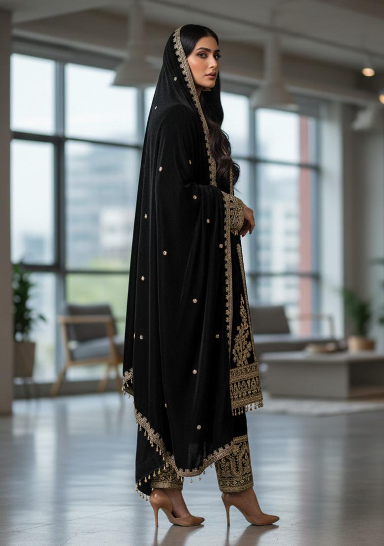 Black Embroidery Velvet Kurta Set - Indya