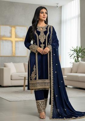 Blue Embroidery Velvet Kurta Set