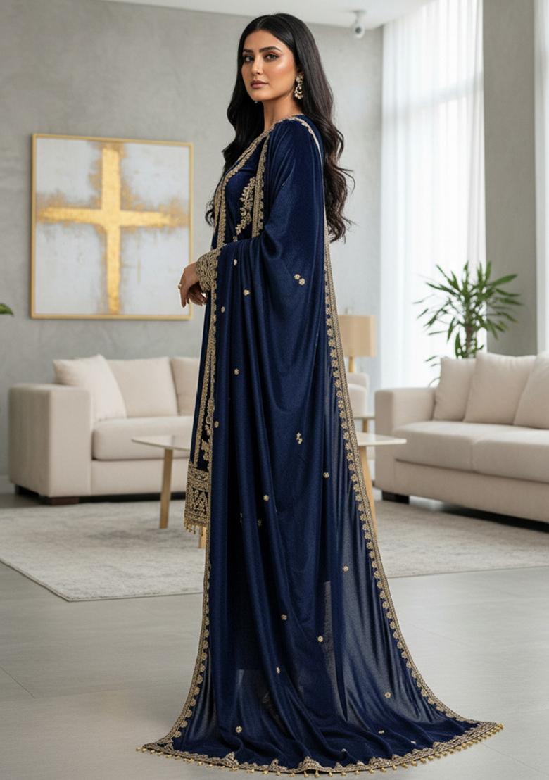 Blue Embroidery Velvet Kurta Set - Indya