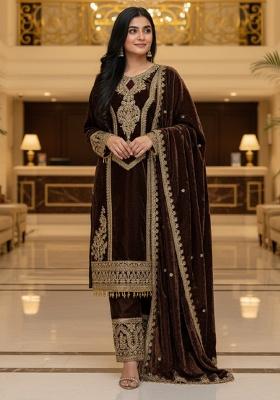 Coffee Embroidered Velvet Pakistani Suit Set