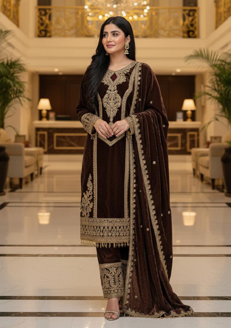 Coffee Embroidery Velvet Kurta Set - Indya