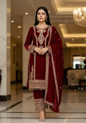 Maroon Embroidery Velvet Kurta Set