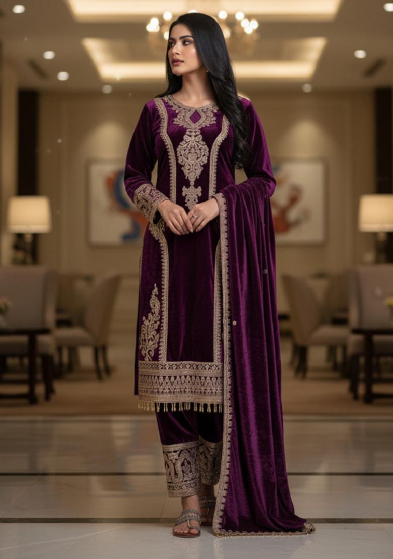 Purple Embroidery Velvet Kurta Set - Indya