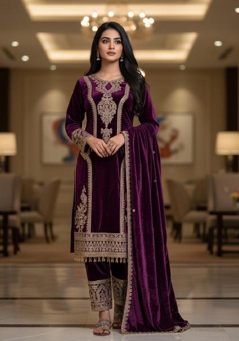 Purple Embroidery Velvet Kurta Set