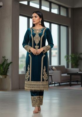 Teal Embroidery Velvet Kurta Set