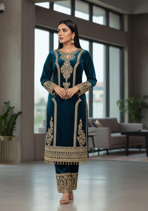 Teal Embroidery Velvet Kurta Set