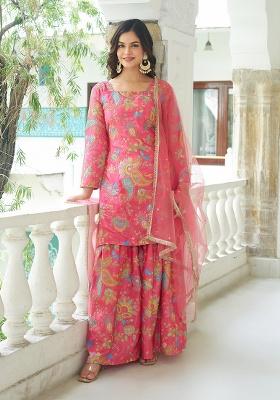 Pink Embroidery Chinon Kurta Set
