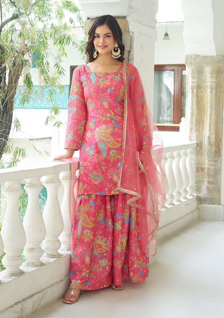 Pink Floral Print Chinon Sharara Set - Indya