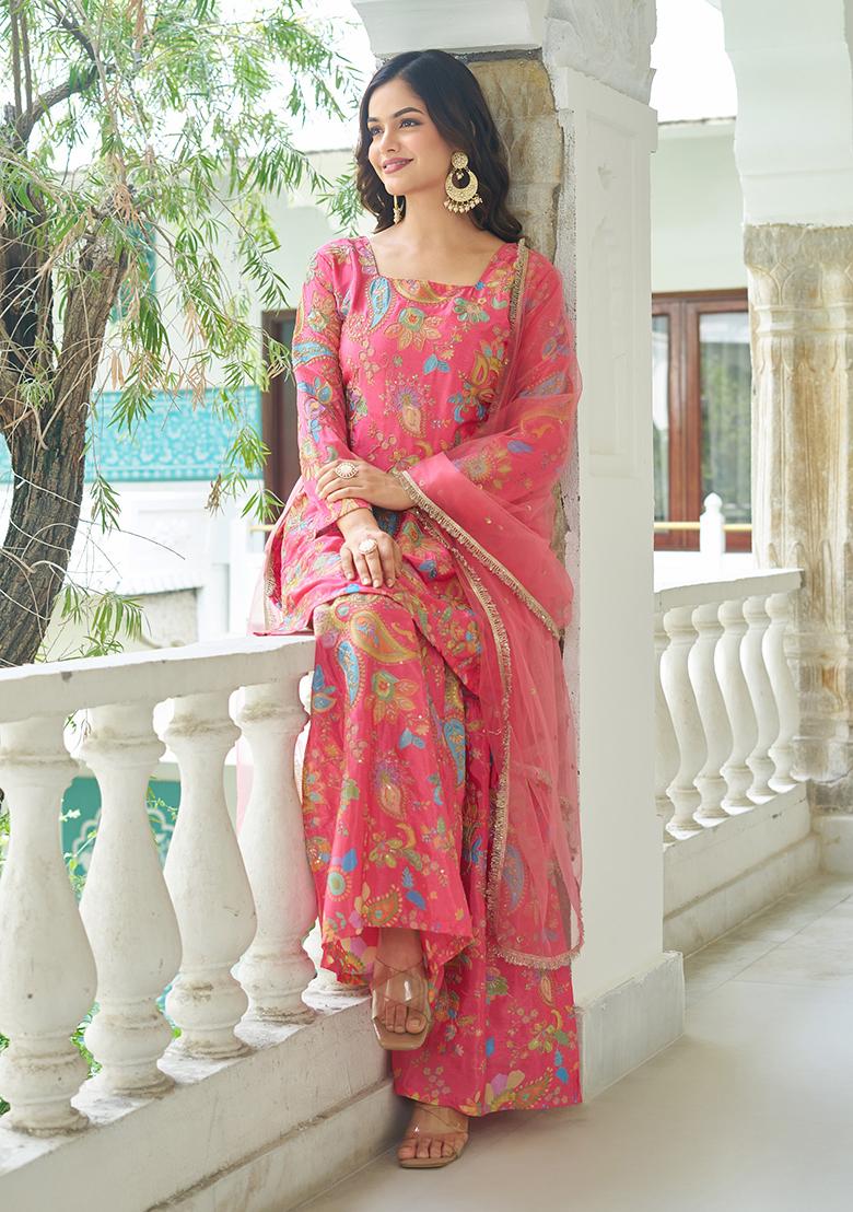 Pink Embroidery Chinon Kurta Set - Indya