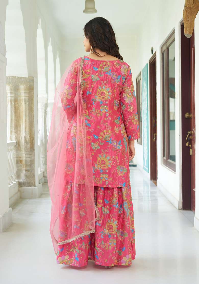 Pink Floral Print Chinon Sharara Set - Indya