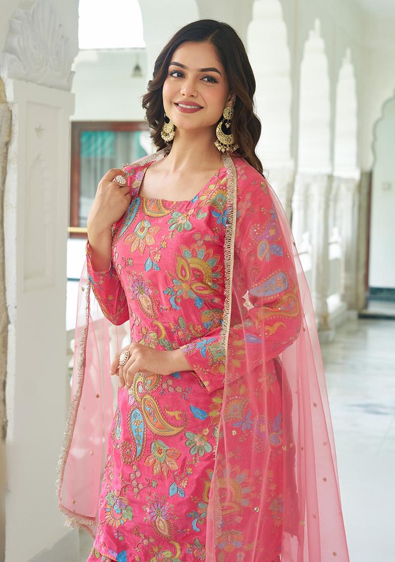 Pink Embroidery Chinon Kurta Set - Indya