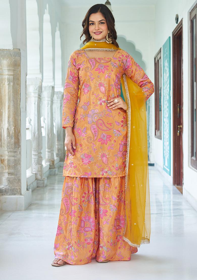 Yellow Embroidery Chinon Kurta Set - Indya