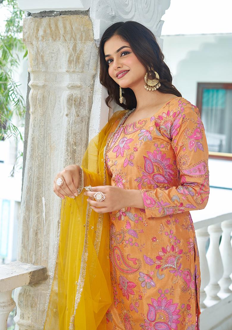 Yellow Embroidery Chinon Kurta Set - Indya