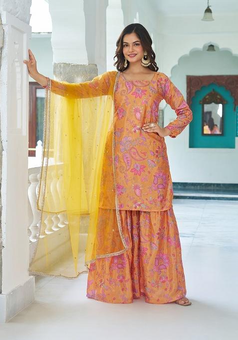 Yellow Embroidery Chinon Kurta Set