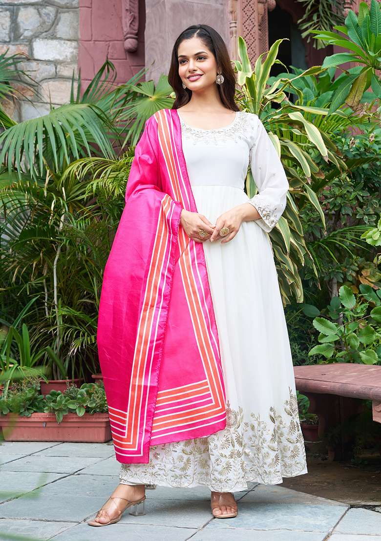 White Embroidered Georgette Anarkali Set - Indya