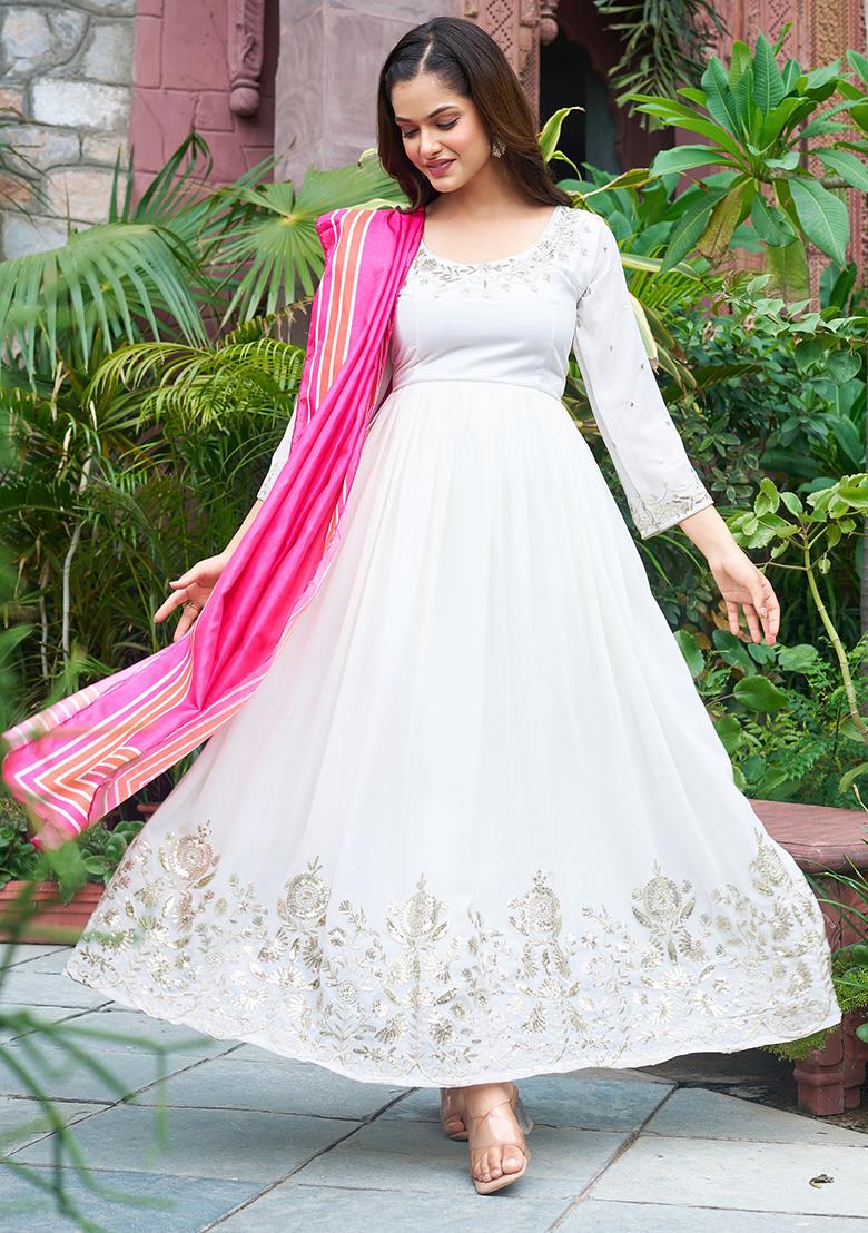 White Embroidery Georgette Kurta Set - Indya