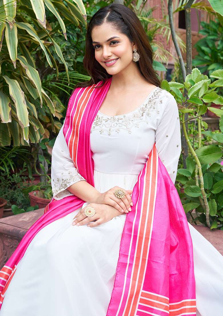 White Embroidered Georgette Anarkali Set - Indya
