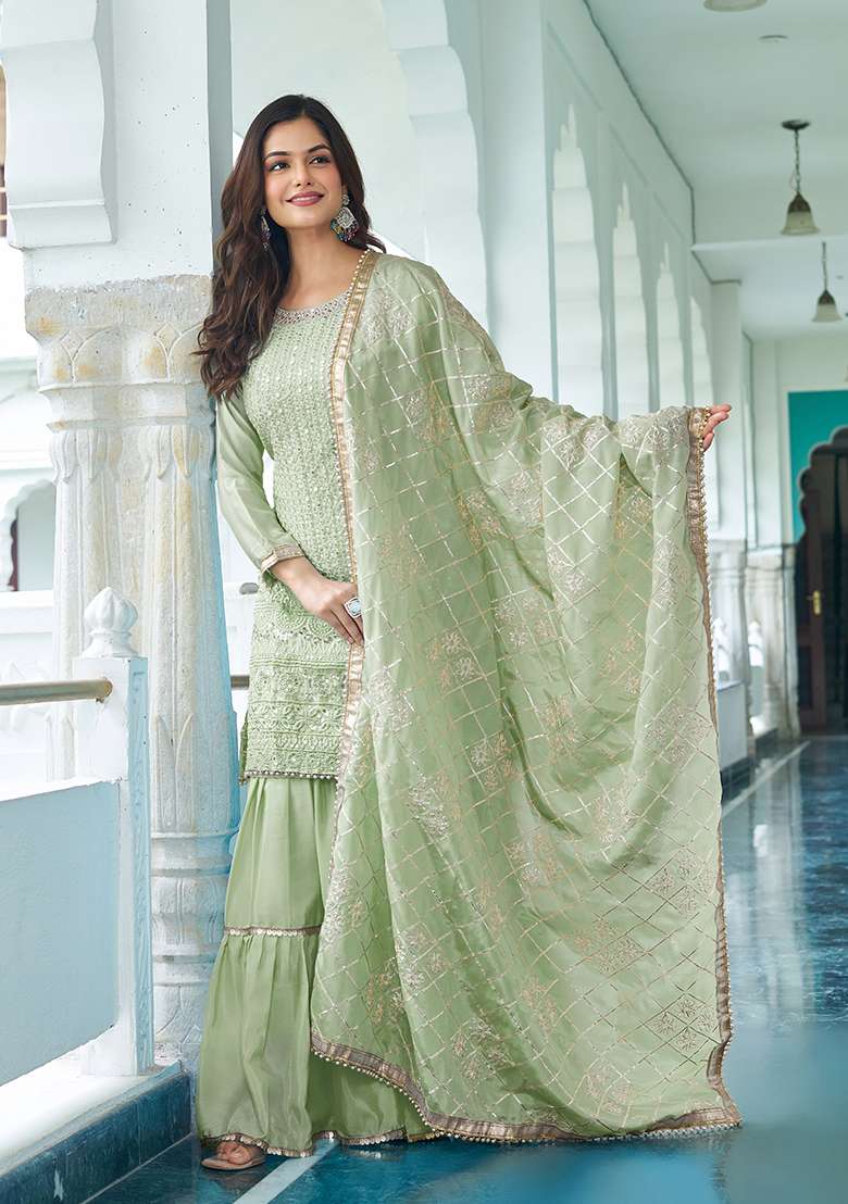 Pista Embroidered Silk Blend Sharara Set - Indya