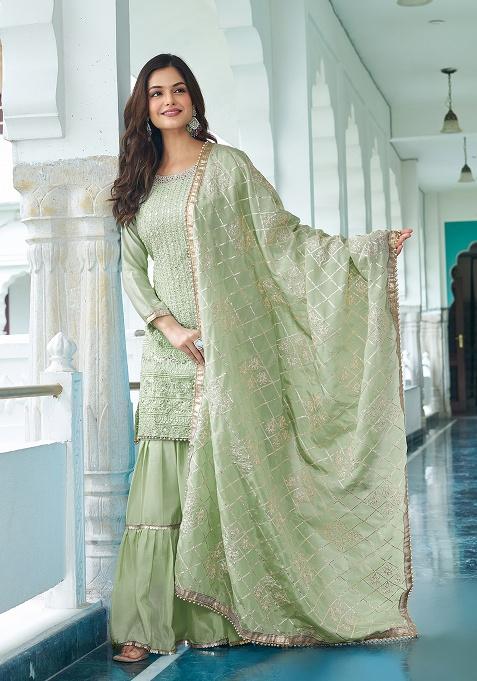 Pista Embroidery Silk Kurta Set