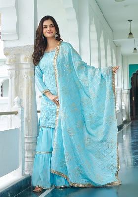 Sky Blue Embroidery Silk Kurta Set