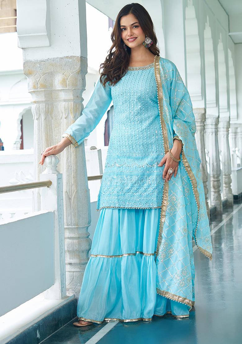 Sky Blue Embroidery Silk Kurta Set - Indya