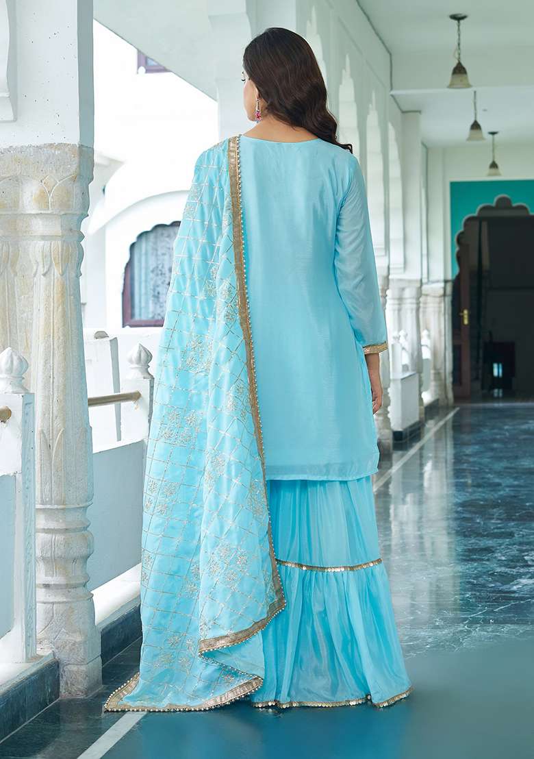 Sky Blue Sequin Work Silk Blend Sharara Set - Indya