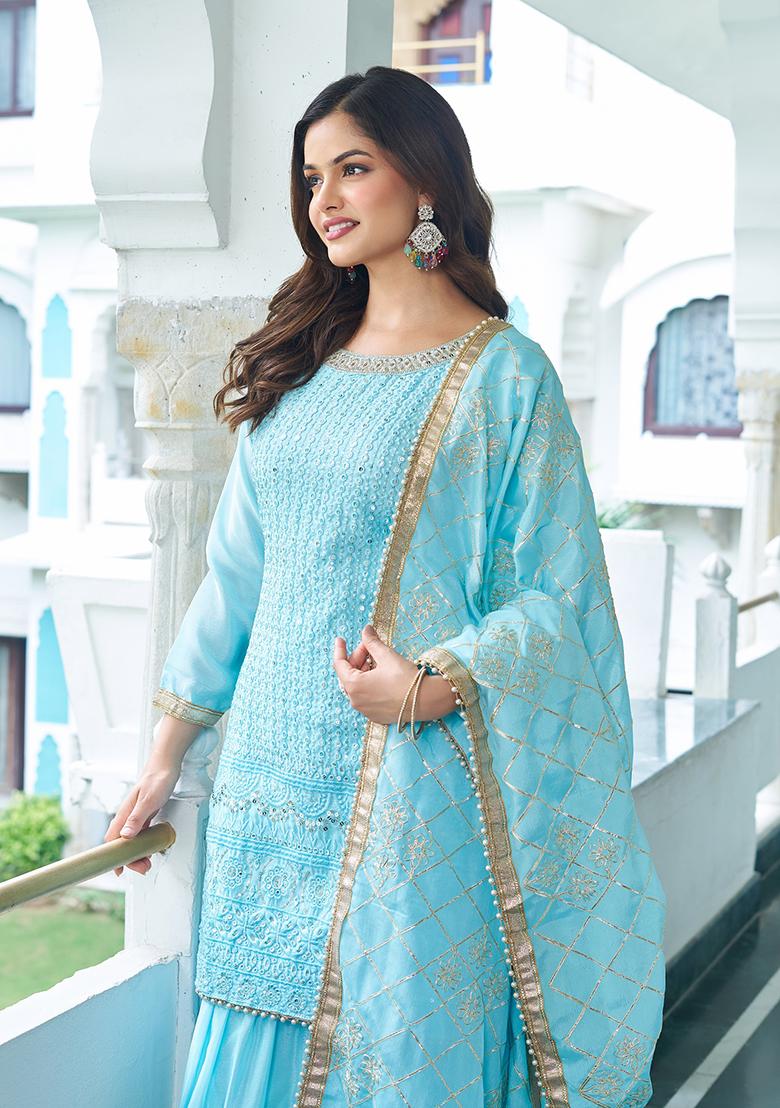 Sky Blue Embroidery Silk Kurta Set - Indya