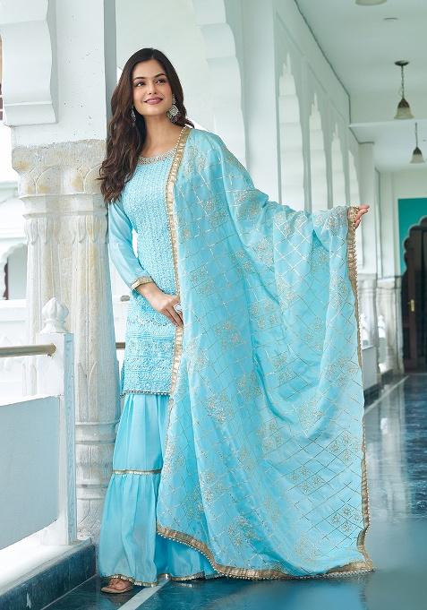 Sky Blue Embroidery Silk Kurta Set