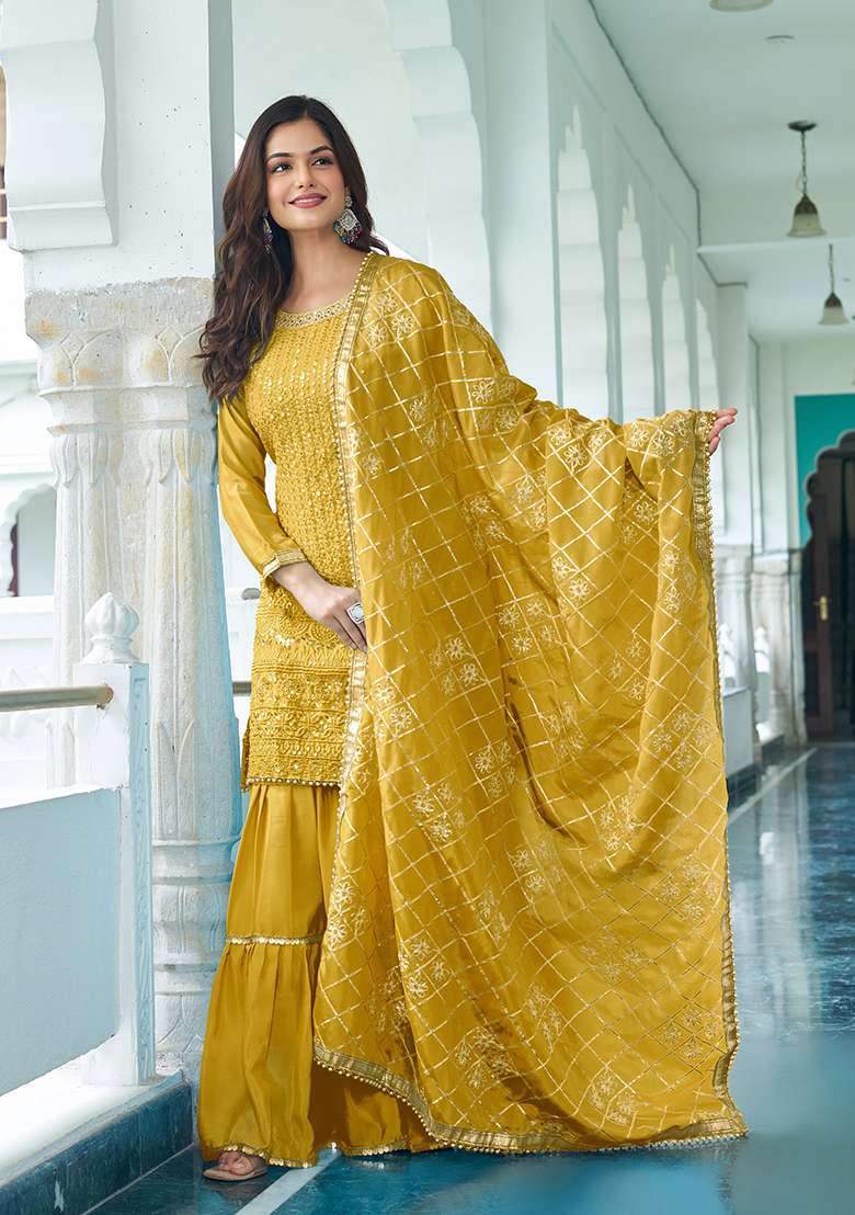 Yellow Embroidered Silk Blend Sharara Set - Indya