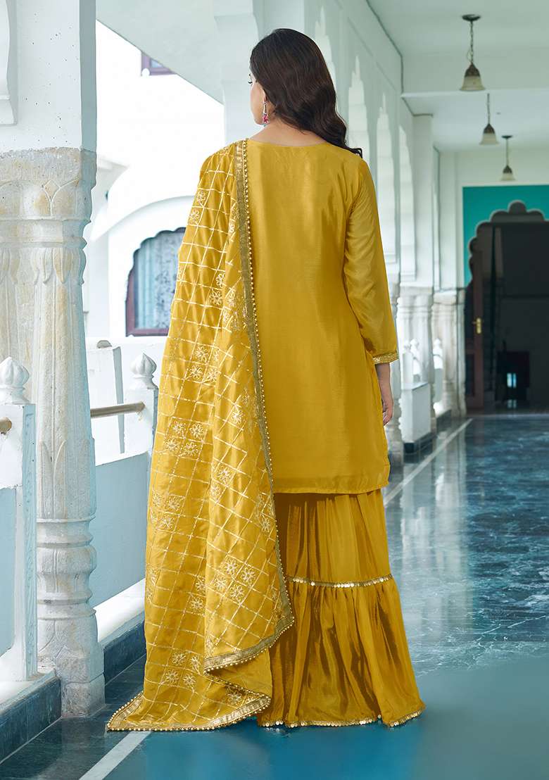 Yellow Embroidered Silk Blend Sharara Set - Indya