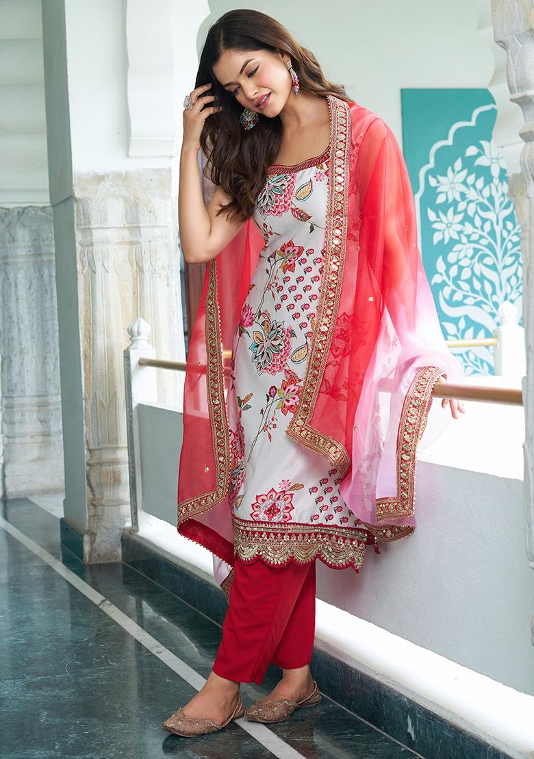 White Embroidery Georgette Kurta Set - Indya