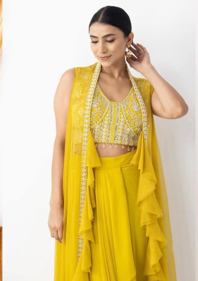 Yellow Embroidery Georgette Kurta Set - Indya