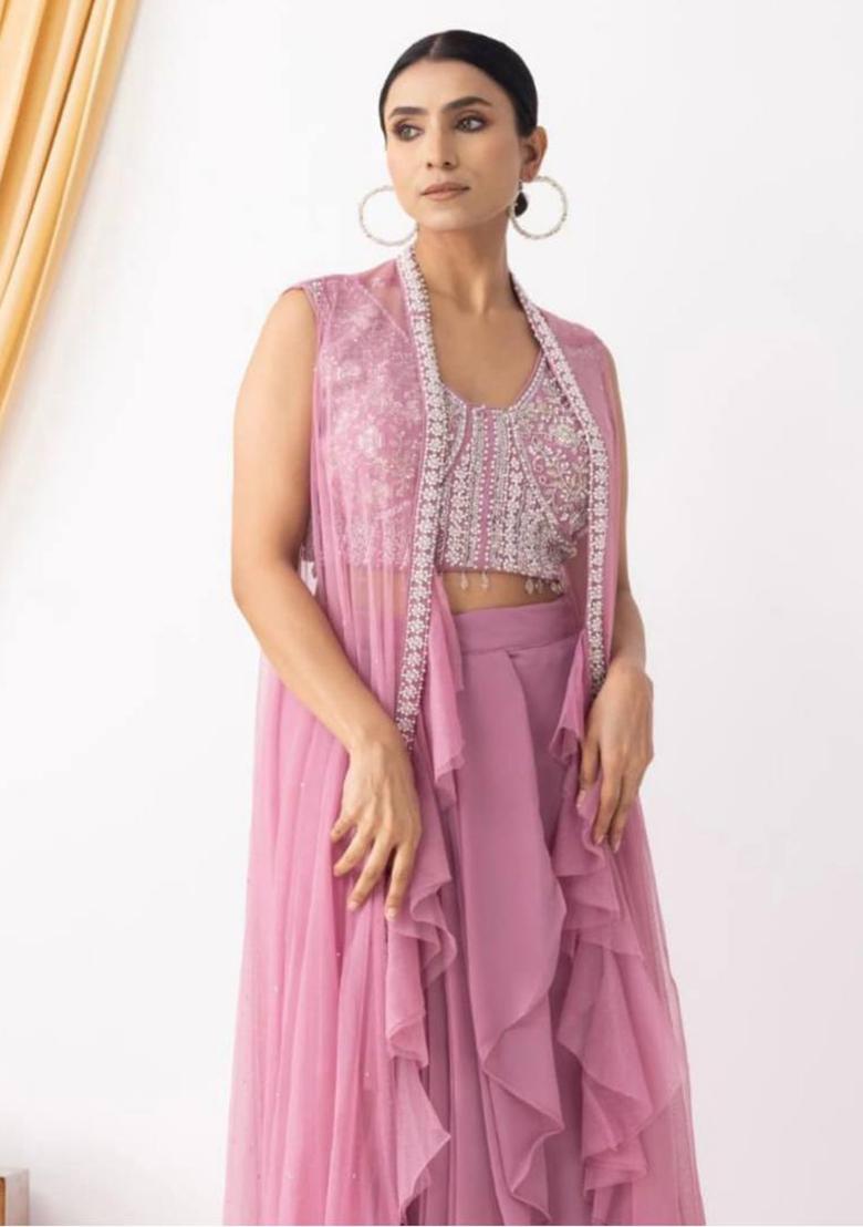 Peach Embroidery Georgette Kurta Set - Indya