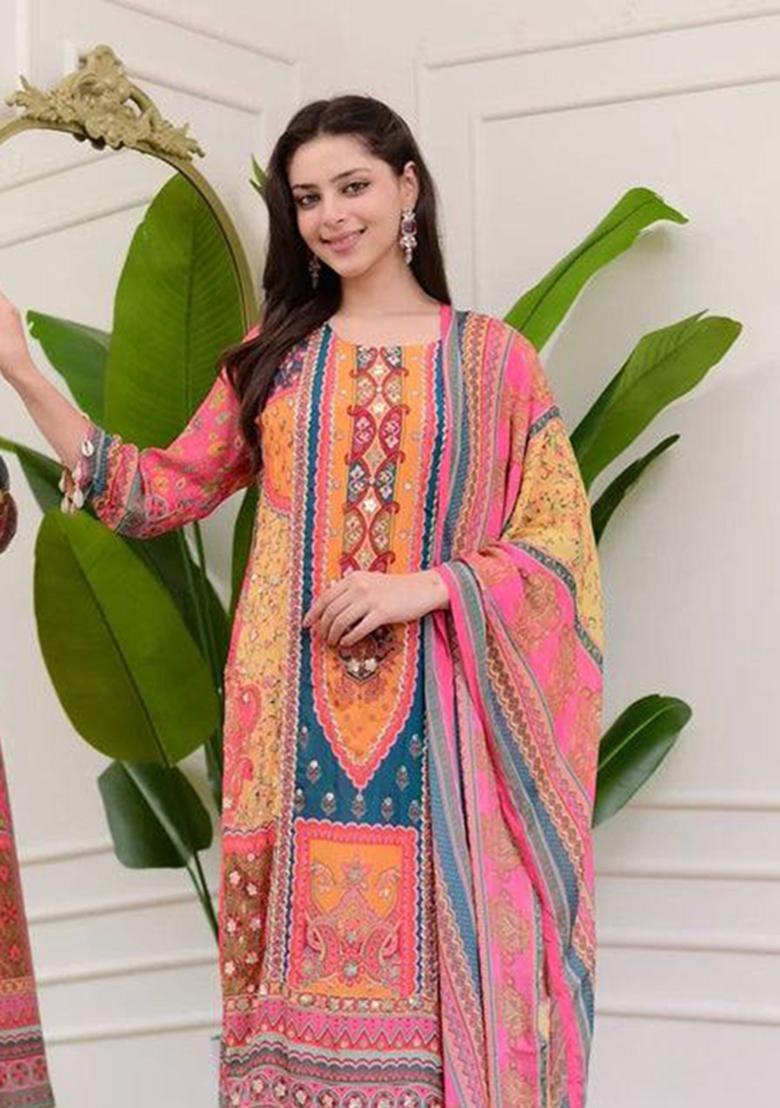 Multicolor Embroidery Chinon Kurta Set - Indya