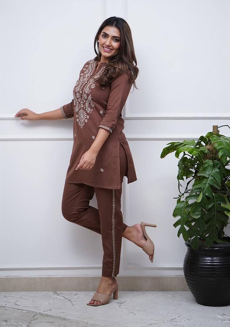 Brown Embroidery Rayon Kurta Set - Indya