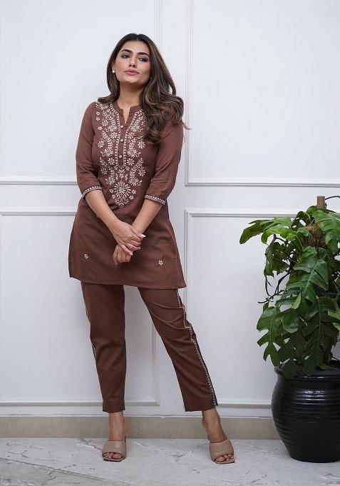 Brown Embroidery Rayon Kurta Set